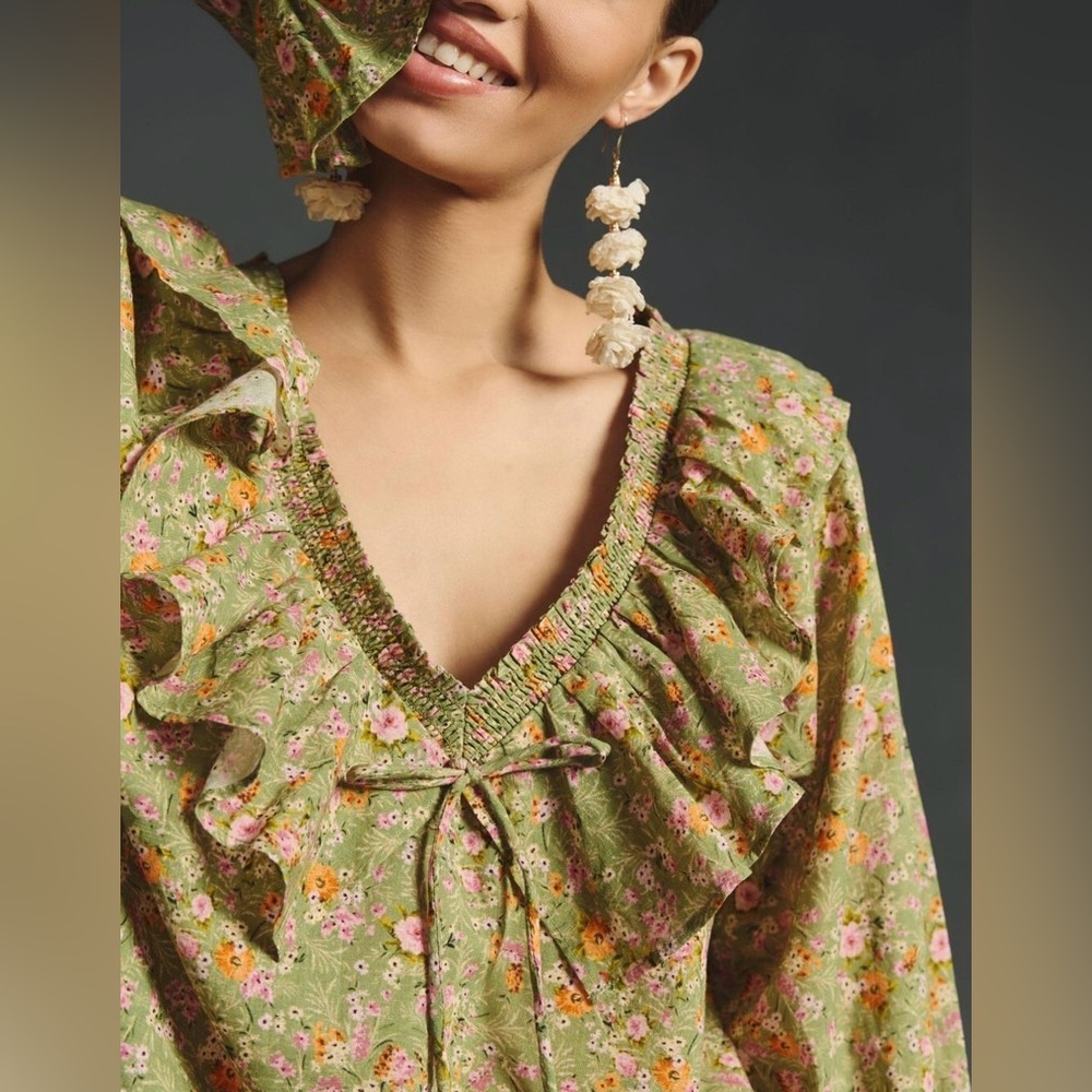 Anthropologie Floral Green Ruffle Blouse
